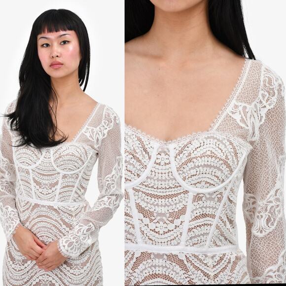 Jonathan Simkhai XS 2 Bustier Mixed Lace Overlay Lined Bodysuit White Midi Dress - Picture 14 of 15